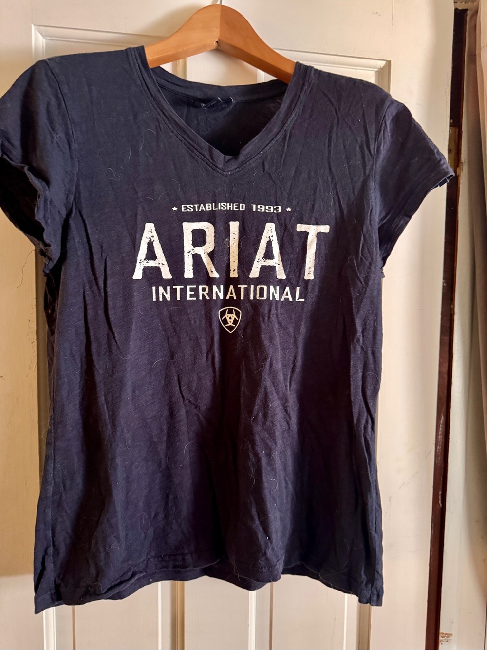 Ariat Navy Short Sleeve V-Neck Logo Tee with White Print